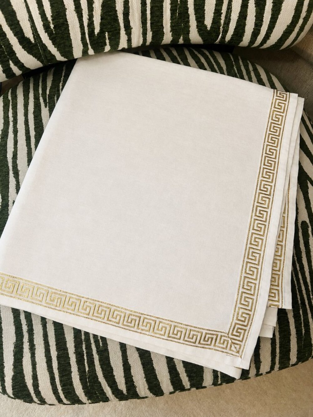 White & Gold Greek Key Trim Shower Curtain 72x72